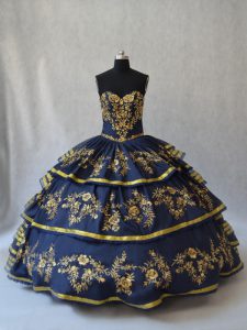 Fantastic Navy Blue Lace Up 15th Birthday Dress Embroidery and Ruffled Layers Sleeveless Floor Length