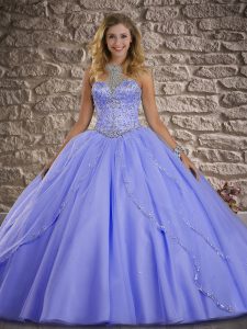 Lavender Sleeveless Tulle Brush Train Lace Up Sweet 16 Dresses for Military Ball and Sweet 16 and Quinceanera