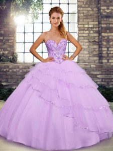 Lilac Ball Gowns Sweetheart Sleeveless Tulle Brush Train Lace Up Beading and Ruffled Layers 15th Birthday Dress