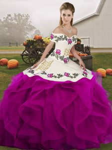 White And Purple Sleeveless Tulle Lace Up Quince Ball Gowns for Military Ball and Sweet 16 and Quinceanera