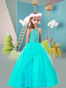 Halter Top Sleeveless Tulle Pageant Gowns For Girls Beading Zipper