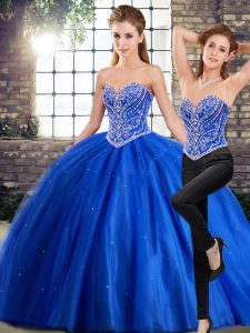 Tulle Sweetheart Sleeveless Brush Train Lace Up Beading 15 Quinceanera Dress in Blue