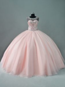 Trendy Ball Gowns Quinceanera Dress Peach Scoop Tulle Sleeveless Floor Length Zipper
