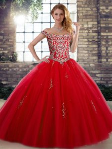 Stylish Red Off The Shoulder Lace Up Beading Sweet 16 Quinceanera Dress Sleeveless