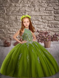 Eye-catching Halter Top Sleeveless Little Girls Pageant Gowns Sweep Train Beading Olive Green Tulle