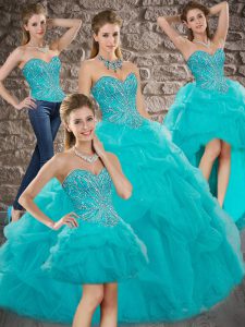 Unique Lace Up Sweet 16 Quinceanera Dress Aqua Blue for Military Ball and Sweet 16 and Quinceanera with Beading and Pick