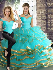 Fantastic Aqua Blue Vestidos de Quinceanera Military Ball and Sweet 16 and Quinceanera with Beading and Ruffled Layers O