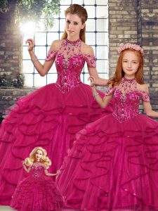 Ball Gowns Ball Gown Prom Dress Fuchsia Halter Top Tulle Sleeveless Floor Length Lace Up