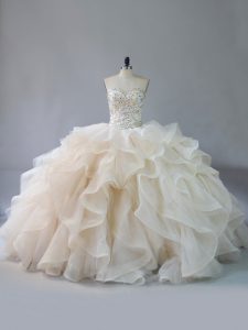 Organza Sweetheart Sleeveless Brush Train Lace Up Beading and Ruffles Quinceanera Dress in Champagne