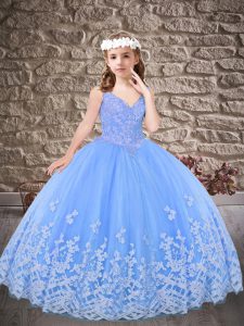 Blue Ball Gowns V-neck Sleeveless Tulle Sweep Train Lace Up Appliques Little Girl Pageant Dress
