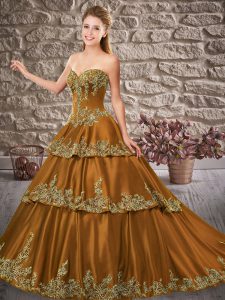 Satin Sweetheart Sleeveless Brush Train Lace Up Appliques Ball Gown Prom Dress in Brown
