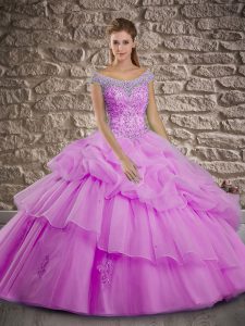 Lilac Ball Gowns Organza Off The Shoulder Cap Sleeves Beading and Pick Ups Lace Up Quince Ball Gowns Brush Train