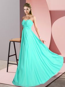 Colorful Turquoise Chiffon Lace Up Dress for Prom Sleeveless Floor Length Ruching