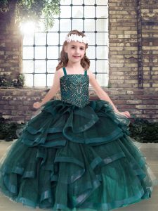 Tulle Straps Sleeveless Lace Up Beading and Ruffles Little Girls Pageant Dress in Peacock Green
