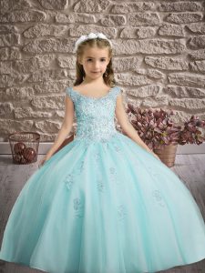 Perfect Aqua Blue Sleeveless Floor Length Appliques Lace Up Little Girl Pageant Gowns