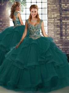 Peacock Green Ball Gowns Straps Sleeveless Tulle Floor Length Lace Up Beading and Ruffles Quinceanera Gowns