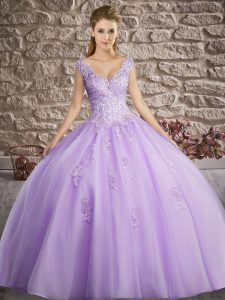 Lavender Ball Gowns V-neck Sleeveless Tulle Floor Length Lace Up Appliques Quince Ball Gowns