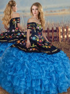 Blue And Black Lace Up Quince Ball Gowns Embroidery and Ruffles Short Sleeves Floor Length