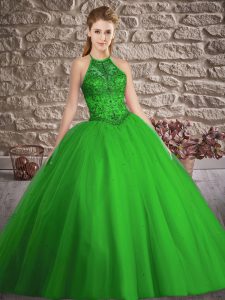 Halter Top Sleeveless Brush Train Lace Up Sweet 16 Quinceanera Dress Green Tulle