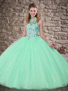 Cheap Lace Up Quinceanera Gown Apple Green for Military Ball and Sweet 16 and Quinceanera with Embroidery Brush Train