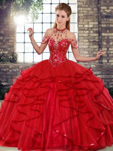 Red Halter Top Neckline Beading and Ruffles Quinceanera Gown Sleeveless Lace Up