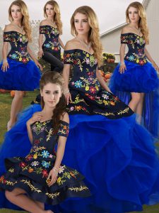 High Quality Royal Blue Ball Gowns Embroidery and Ruffles Quinceanera Dress Lace Up Tulle Sleeveless Floor Length