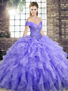 Elegant Lavender Ball Gowns Beading and Ruffles Quinceanera Gown Lace Up Organza Sleeveless