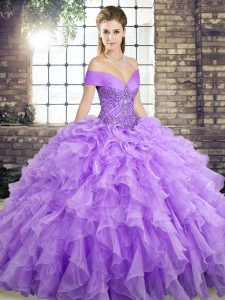 Lavender Organza Lace Up Off The Shoulder Sleeveless Sweet 16 Dresses Brush Train Beading and Ruffles