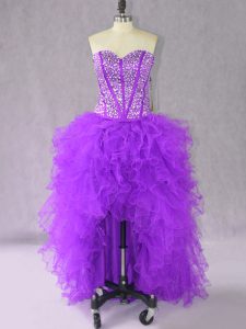 Sleeveless Organza High Low Lace Up Dress for Prom in Purple with Beading and Ruffles