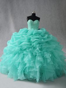 Most Popular Aqua Blue Sweet 16 Dress Sweet 16 and Quinceanera with Beading and Ruffles and Pick Ups Sweetheart Sleevele