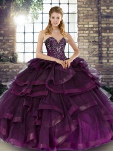 Nice Floor Length Dark Purple Quinceanera Dress Sweetheart Sleeveless Lace Up