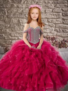Elegant Floor Length Lace Up Girls Pageant Dresses Wine Red for Wedding Party with Beading and Ruffles