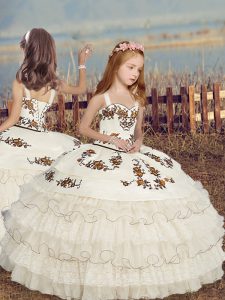 Simple Ball Gowns Little Girls Pageant Gowns White Straps Organza Sleeveless Floor Length Lace Up