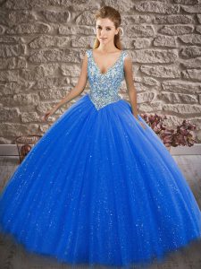 Noble Blue Tulle Zipper 15th Birthday Dress Sleeveless Floor Length Beading