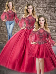 3 4 Length Sleeve Floor Length Beading Zipper Quinceanera Gown with Wine Red
