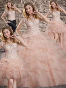 Decent Pink Off The Shoulder Neckline Lace and Pick Ups Vestidos de Quinceanera Sleeveless Lace Up