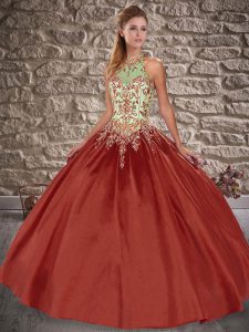 Rust Red Quinceanera Dresses Military Ball and Sweet 16 and Quinceanera with Embroidery Halter Top Sleeveless Brush Trai