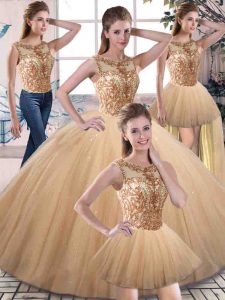 Free and Easy Ball Gowns Quinceanera Dress Gold Scoop Tulle Sleeveless Floor Length Lace Up