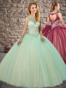 Custom Designed Tulle Sleeveless Quinceanera Gowns Brush Train and Beading