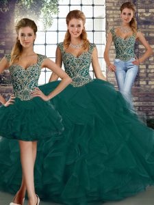 Vintage Peacock Green Lace Up Vestidos de Quinceanera Beading and Ruffles Sleeveless Floor Length