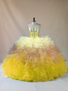 Exquisite Sweetheart Sleeveless Sweet 16 Dress Floor Length Beading and Ruffles Multi-color Organza