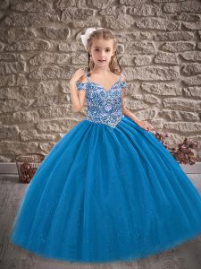 Wonderful Blue Ball Gowns Off The Shoulder Sleeveless Tulle Floor Length Lace Up Beading Kids Formal Wear
