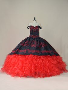 Classical Sleeveless Satin and Organza Brush Train Lace Up Vestidos de Quinceanera in Red And Black with Embroidery and 