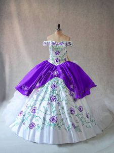 Unique Off The Shoulder Sleeveless Lace Up Sweet 16 Dress White And Purple Organza