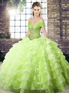 Off The Shoulder Sleeveless Quinceanera Dresses Brush Train Beading and Ruffled Layers Yellow Green Organza