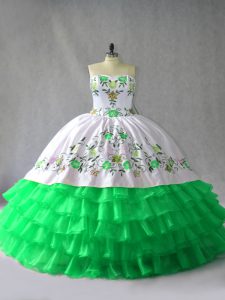 Green Ball Gowns Organza Sweetheart Sleeveless Embroidery and Ruffled Layers Floor Length Lace Up Quinceanera Dresses