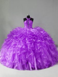 Clearance Purple Zipper Sweet 16 Dress Beading and Ruffles Sleeveless Brush Train