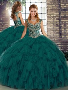 Peacock Green Sleeveless Organza Lace Up Quince Ball Gowns for Military Ball and Sweet 16 and Quinceanera