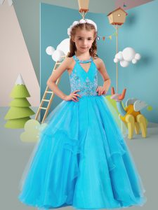 New Arrival Aqua Blue Sleeveless Beading and Embroidery Floor Length Little Girl Pageant Dress