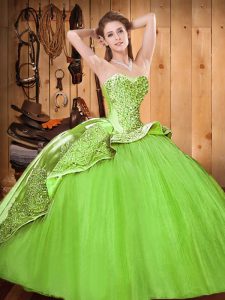 Ball Gowns Sweetheart Sleeveless Satin and Tulle Brush Train Lace Up Beading and Embroidery 15 Quinceanera Dress